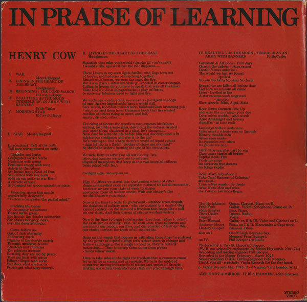 Henry Cow, Slapp Happy : In Praise Of Learning (LP, Album, EMI)