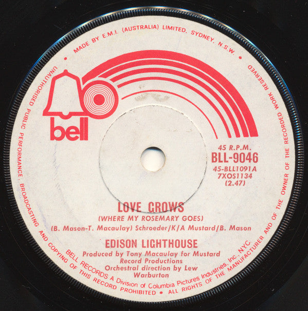 Edison Lighthouse : Love Grows (Where My Rosemary Goes) (7&quot;, Single, Lab)