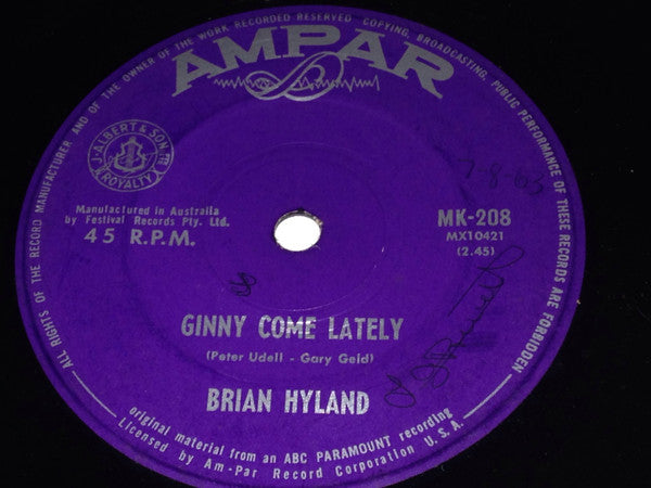 Brian Hyland : Ginny Come Lately / I Should Be Gettin&#39; Better (7&quot;, Single)