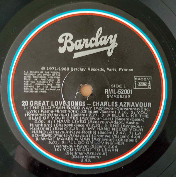 Charles Aznavour : 20 Great Love Songs (LP, Album, Comp)