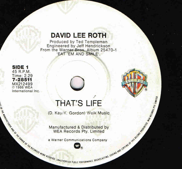 David Lee Roth : That's Life (7", Single)