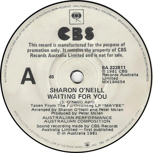 Sharon O'Neill : Waiting For You (7", Single, Promo)