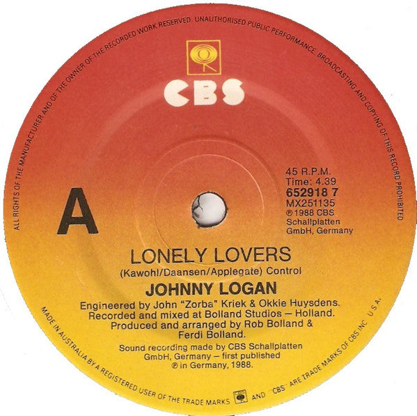 Johnny Logan : Lonely Lovers (7", Single)