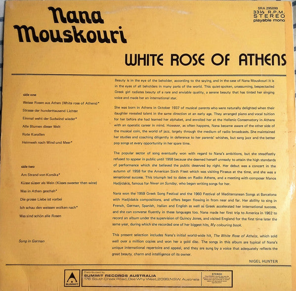 Nana Mouskouri : White Rose Of Athens (LP, Comp, RE)