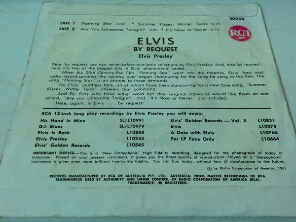 Elvis Presley With The Jordanaires : Elvis By Request (7", EP)