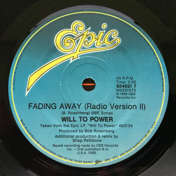 Will To Power : Fading Away (7", Single)