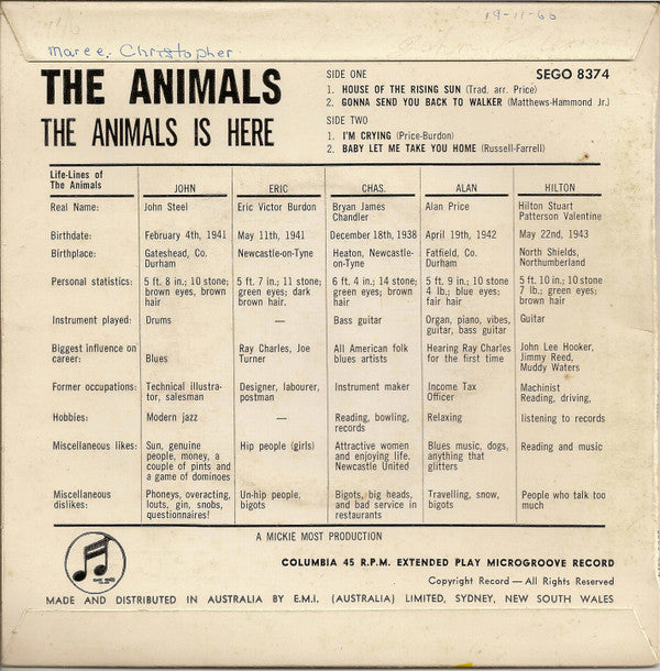 The Animals : The Animals Is Here (7", EP, Fir)