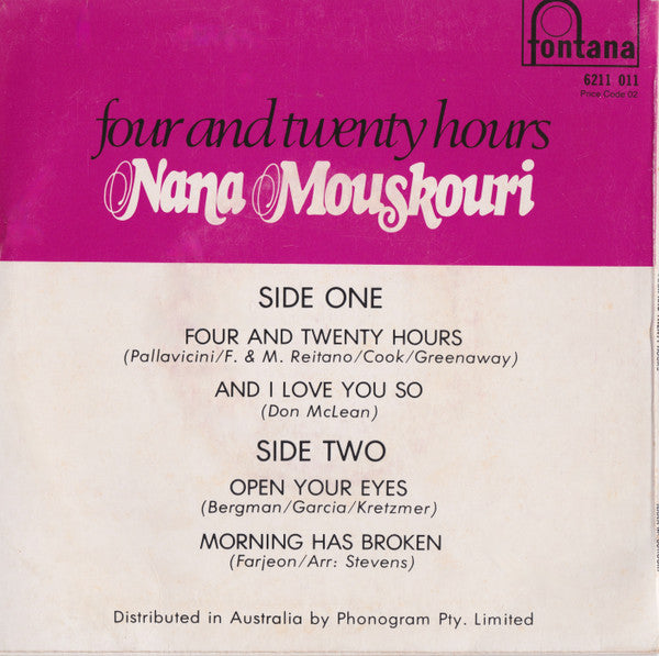 Nana Mouskouri : Four And Twenty Hours (7", EP, Mono)