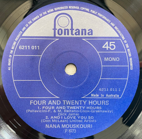 Nana Mouskouri : Four And Twenty Hours (7", EP, Mono)