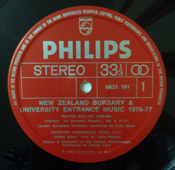 Johann Sebastian Bach, Hector Berlioz, Krzysztof Penderecki : New Zealand Bursary & University Entrance Music 1976 - 1978 (LP, Comp)