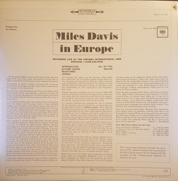Miles Davis : Miles Davis In Europe (LP, Album, Pit)