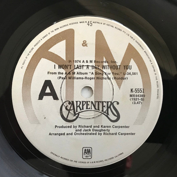 Carpenters : I Won't Last A Day Without You (7")