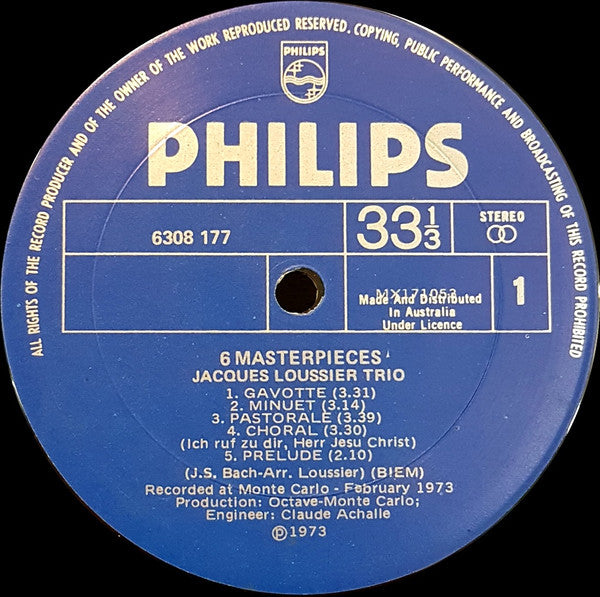 Jacques Loussier Trio, Johann Sebastian Bach : 6 Masterpieces (LP)