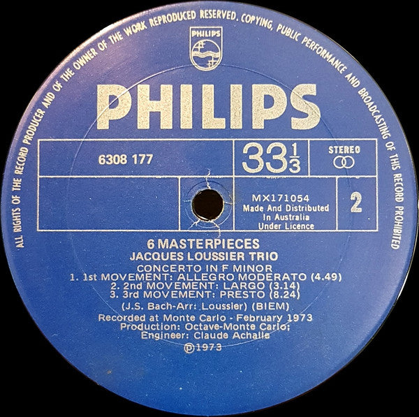 Jacques Loussier Trio, Johann Sebastian Bach : 6 Masterpieces (LP)