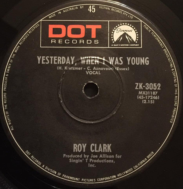 Roy Clark : Yesterday, When I Was Young (7&quot;, Single)