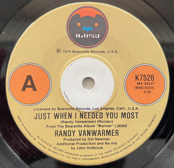 Randy Vanwarmer : Just When I Needed You Most (7", Single)