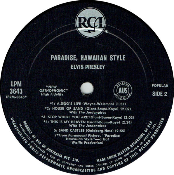 Elvis Presley : Paradise, Hawaiian Style (LP, Album, Mono)
