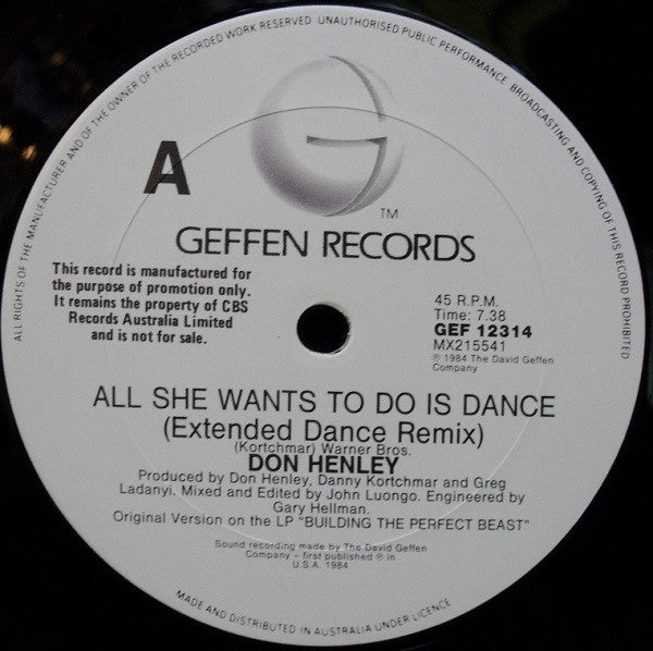 Don Henley : All She Wants To Do Is Dance (12", Maxi, Promo)