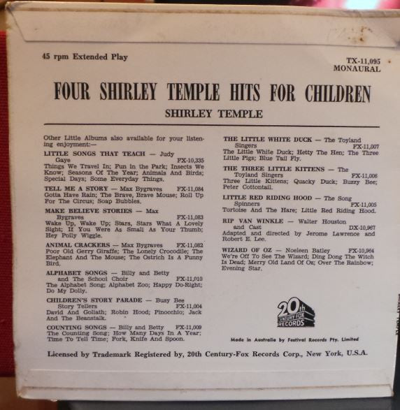Shirley Temple : Four Shirley Temple Hits For Children (7", EP, Mono)