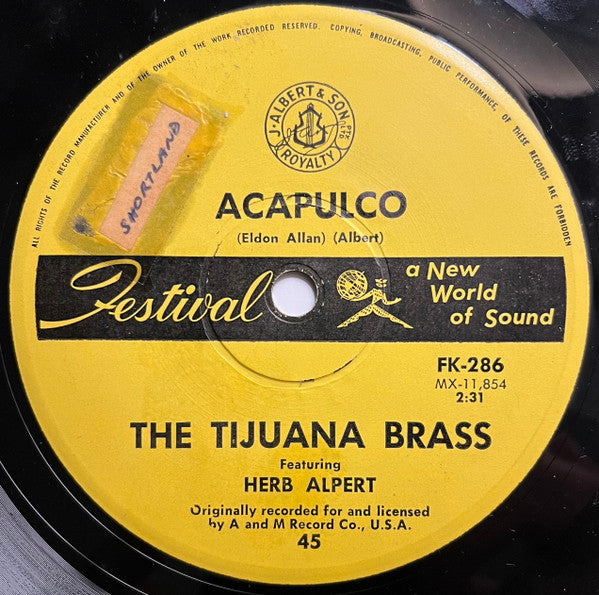 Herb Alpert & The Tijuana Brass : The Lonely Bull (El Solo Torro) (7", Single)