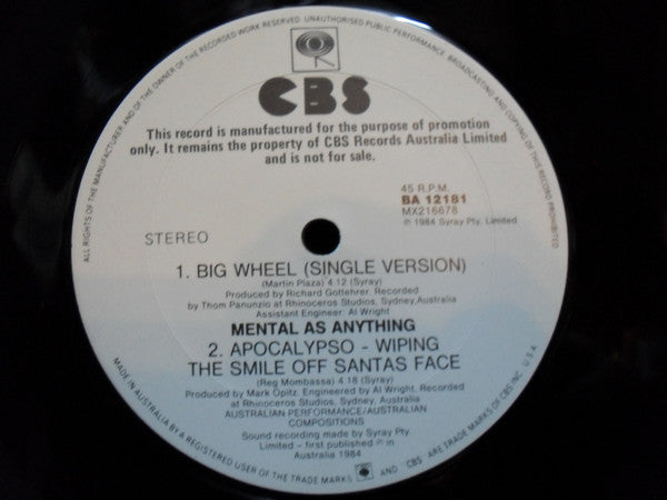 Mental As Anything : Big Wheel (12", Promo)