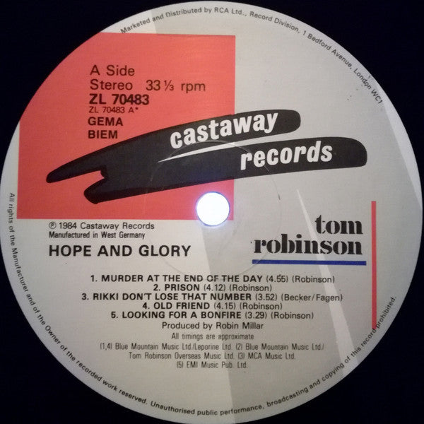 Tom Robinson : Hope And Glory (LP, Album, Gat)