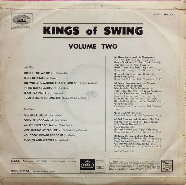 Gene Krupa, Bunny Berigan, Bud Freeman, Jack Teagarden, Benny Goodman, Joe Sullivan, Jess Stacy : Kings of Swing Volume Two (LP, Comp, Mono)