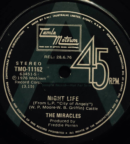 The Miracles : Night Life (7", Single, Promo)