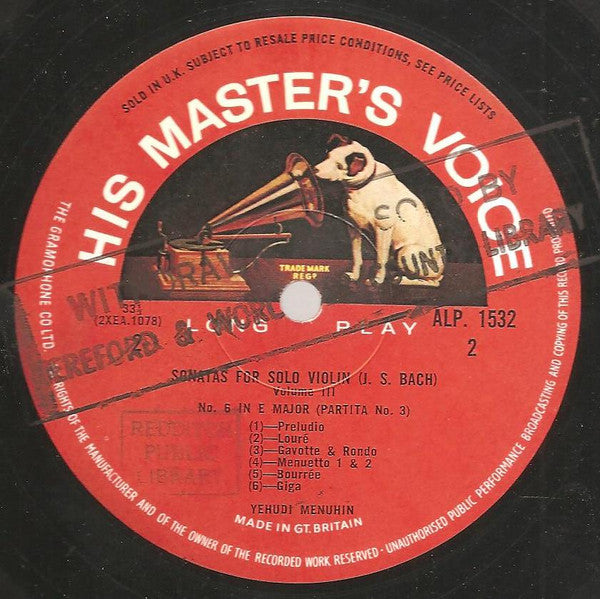 Yehudi Menuhin, Johann Sebastian Bach : Sonatas For Solo Violin, Volume 3 (LP, Mono, RP)