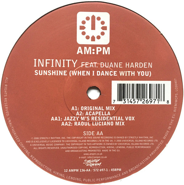 Infinity Feat. Duane Harden : Sunshine (When I Dance With You) (Original / Jazzy M / Raoul Luciano Mixes & Acapella) (12")