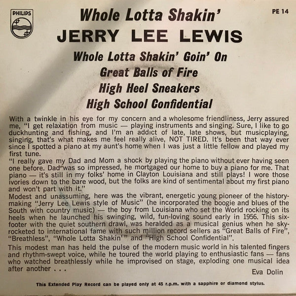Jerry Lee Lewis : Whole Lotta Shakin'! EP (7", EP, Comp)