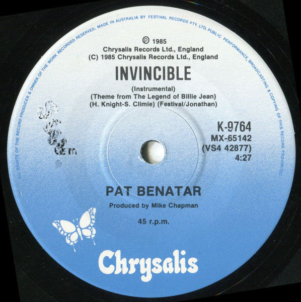 Pat Benatar : Invincible (Theme From The Legend Of Billie Jean) (7", Single)