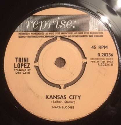 Trini Lopez : Kansas City (7&quot;, Single)