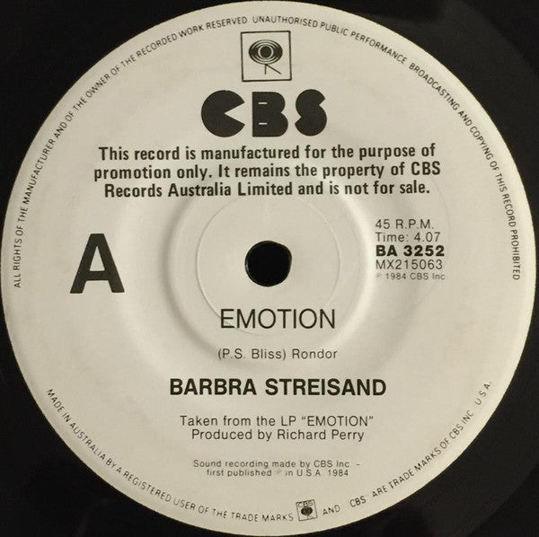 Barbra Streisand : Emotion / Here We Are At Last (7&quot;, Single, Promo)