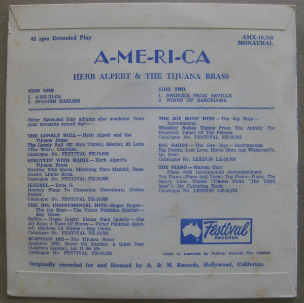 Herb Alpert & The Tijuana Brass : A-me-ri-ca (7", EP, Mono)