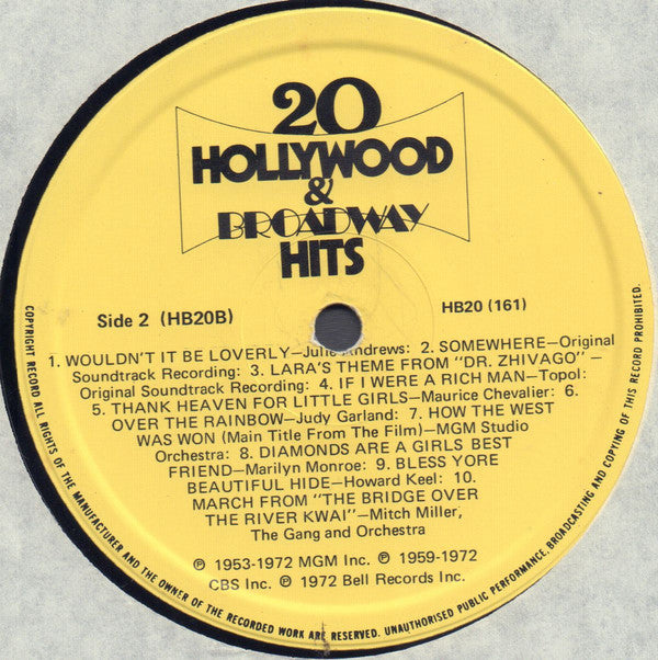 Various : 20 Solid Gold Hollywood & Broadway Hits (LP, Comp)