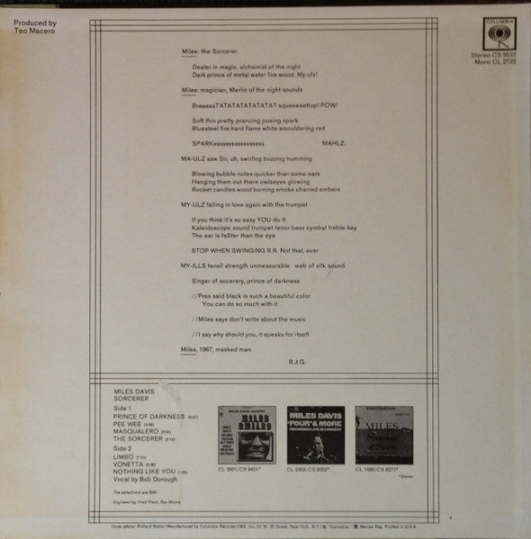 Miles Davis : Sorcerer (LP, Album, San)