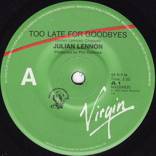 Julian Lennon : Too Late For Goodbyes (7", Single)