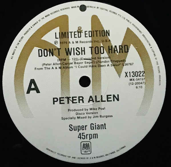 Peter Allen : Don&#39;t Wish Too Hard (12&quot;, Ltd)
