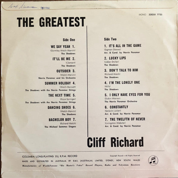 Cliff Richard : The Greatest (LP, Comp, Mono)