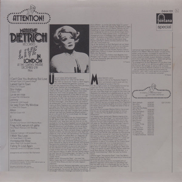 Marlene Dietrich : Attention! Marlene Dietrich! (LP, Album, RE)