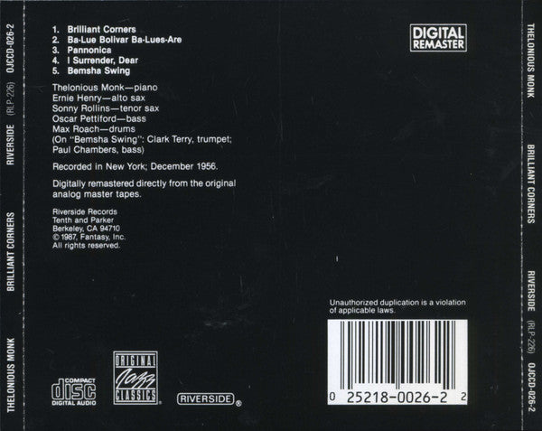 Thelonious Monk With Sonny Rollins, Ernie Henry And Clark Terry : Brilliant Corners (CD, Album, RE, RM)