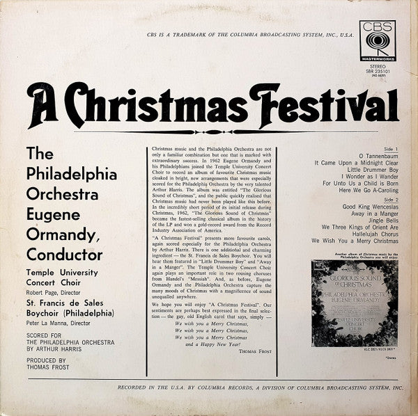 The Philadelphia Orchestra, Eugene Ormandy / The Temple University Choirs, Robert Page / St. Francis De Sales Boychoir, Peter La Manna : A Christmas Festival (LP, Album)