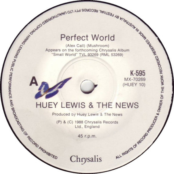 Huey Lewis & The News : Perfect World (7", Single, Ltd, Pic)