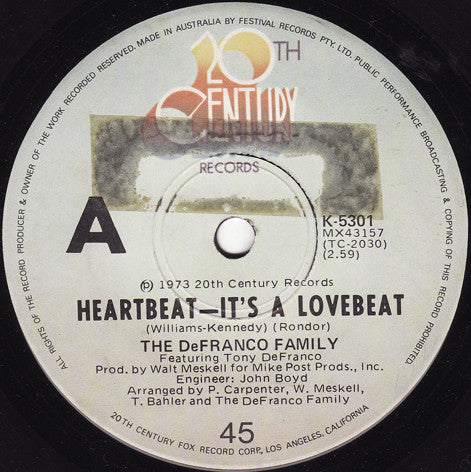 The DeFranco Family : Heartbeat - It's A Lovebeat (7")