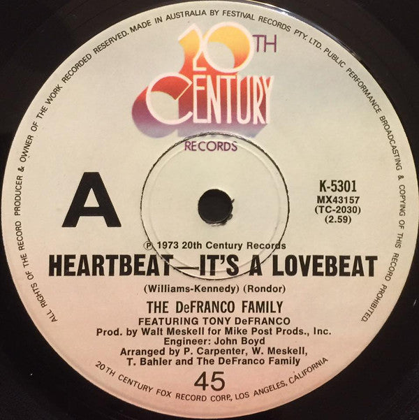 The DeFranco Family : Heartbeat - It's A Lovebeat (7")