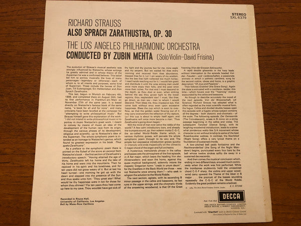 Richard Strauss, Los Angeles Philharmonic*, Zubin Mehta : Also Sprach Zarathustra (LP, Album, ED3)