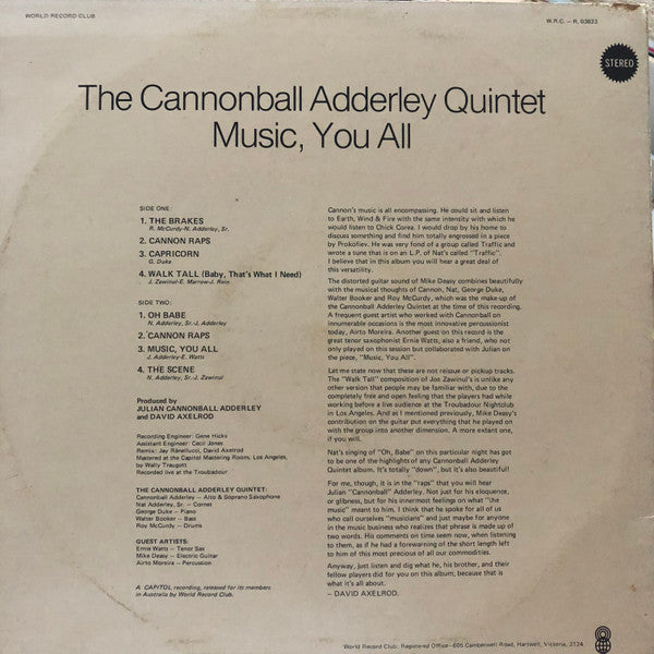 The Cannonball Adderley Quintet : Music, You All (LP, Album, Club)