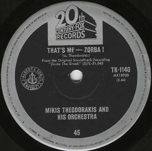 Mikis Theodorakis And His Orchestra : Zorba's Dance (7", Single)