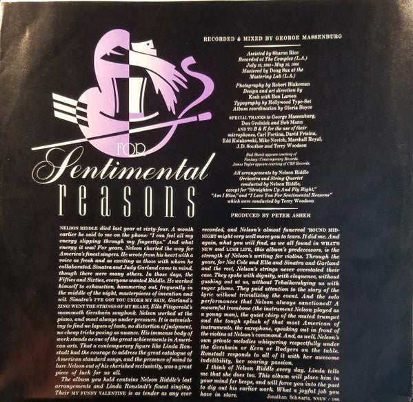 Linda Ronstadt With Nelson Riddle And His Orchestra : For Sentimental Reasons (LP, Album, Spe)
